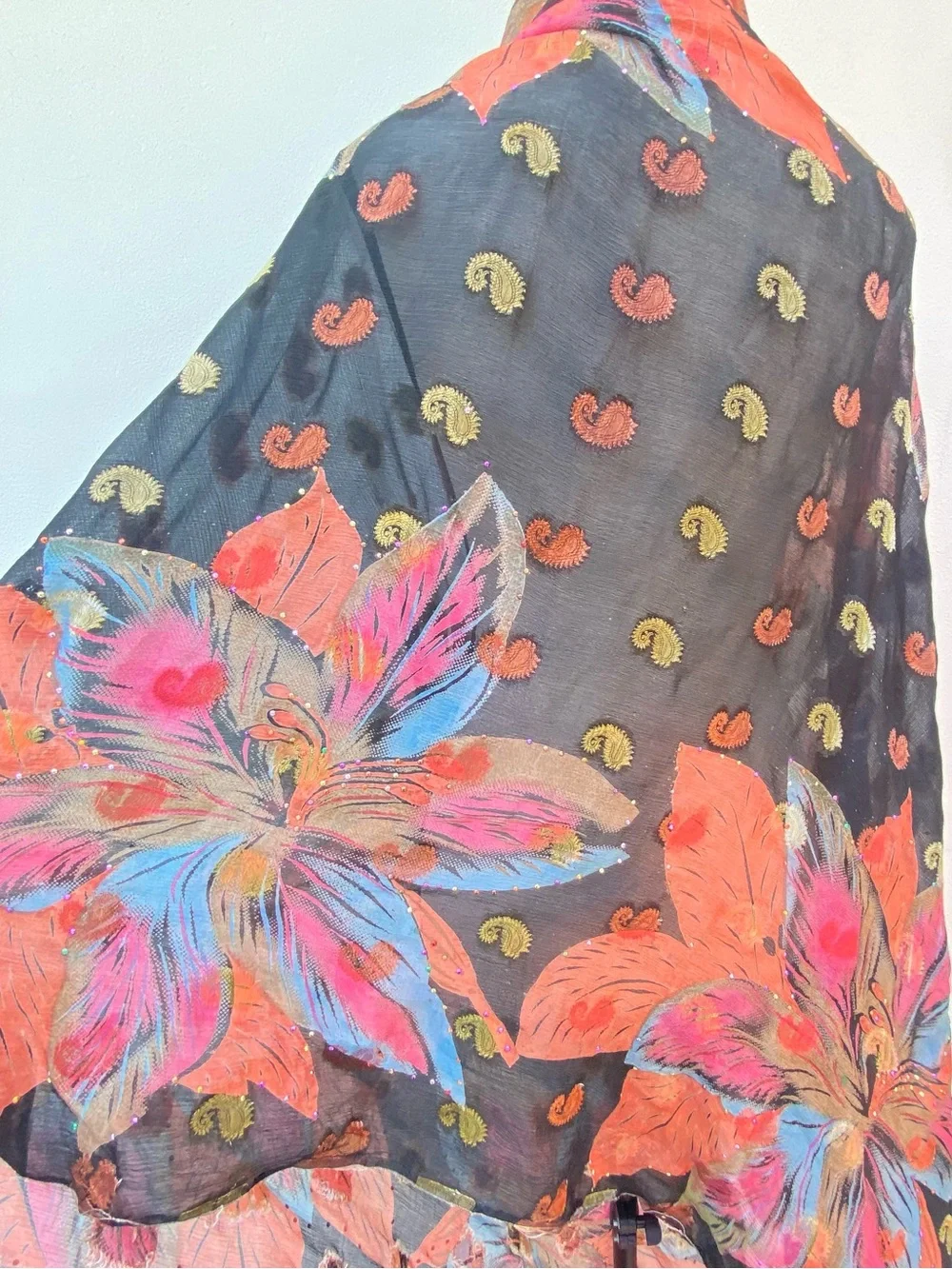 Whimsy 100% Silk Black Multicolor Floral Paisley Embroidered Rhinestone Shawl